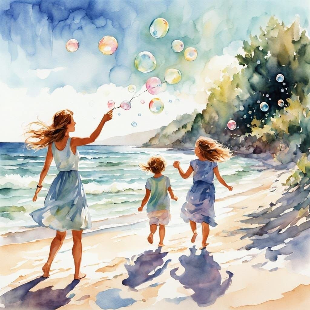 Aquarelle Portrait of Children Chasing Bubbles on Beach