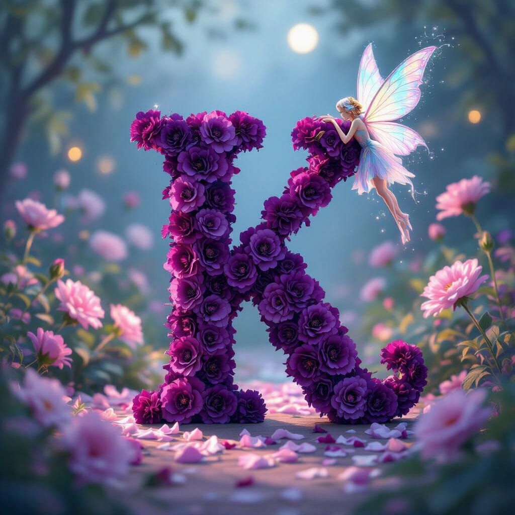 Purple Carnation Letter K with Luminous Fairy in Magical Gar...
