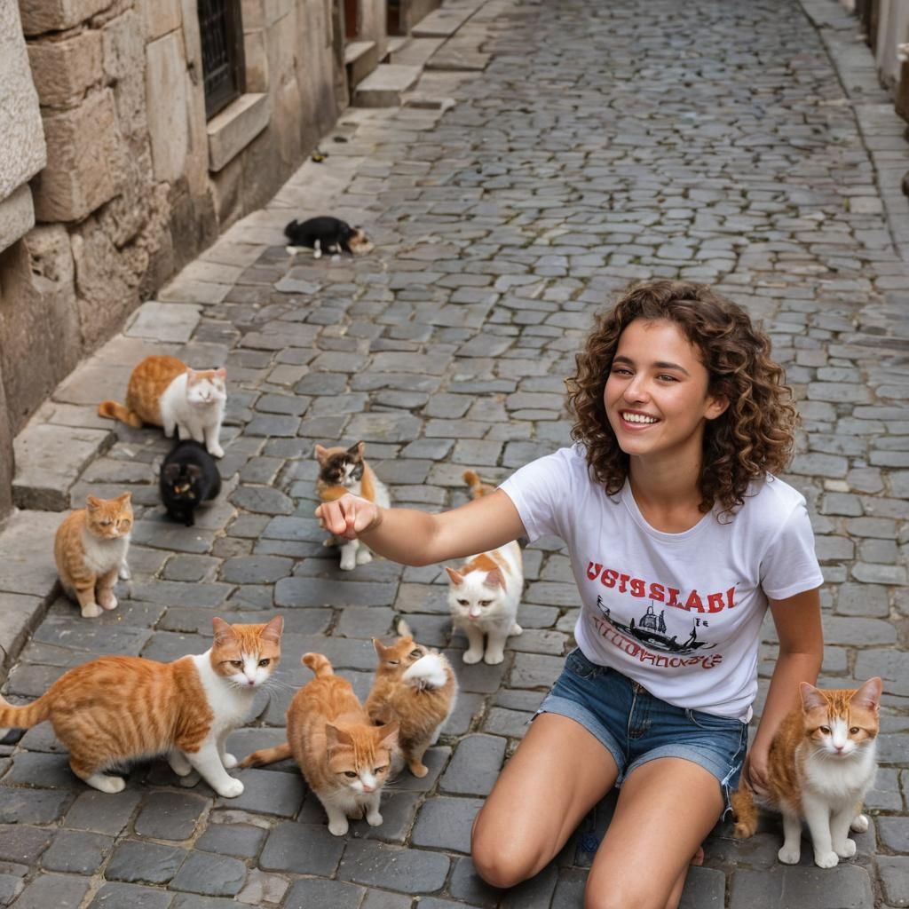 Girl Feeds Cats in Sun-Drenched Istanbul: Post-Impressionist...