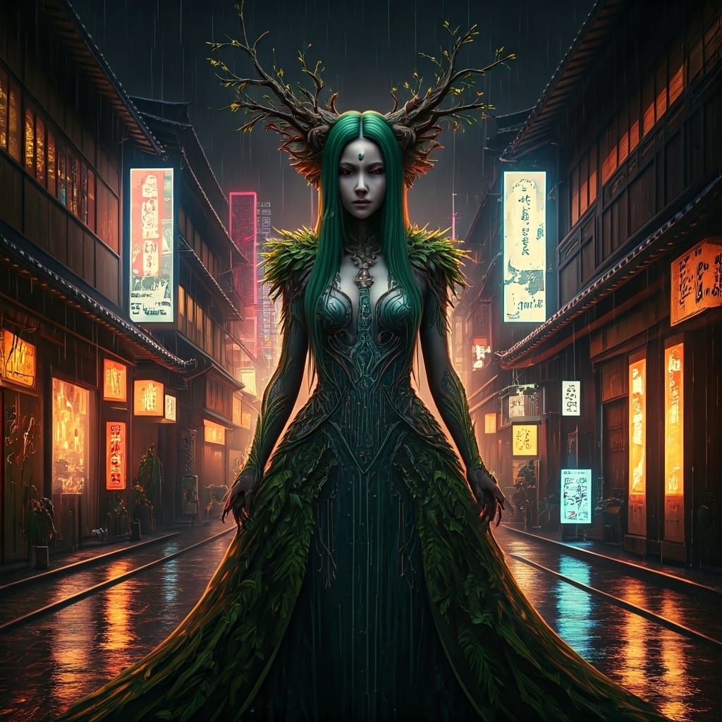 Cyberpunk Druidess in Rainy Neo-Kyoto Alley
