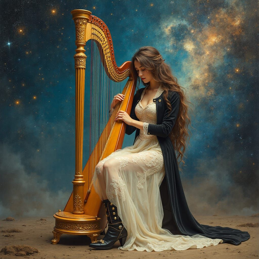Bohemian Cosmic Beauty Plays Grand Harp in Stellar Tapestry