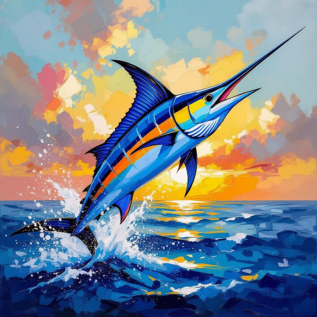 Blue Marlin Leaping in Impasto Abstract Acrylic Painting