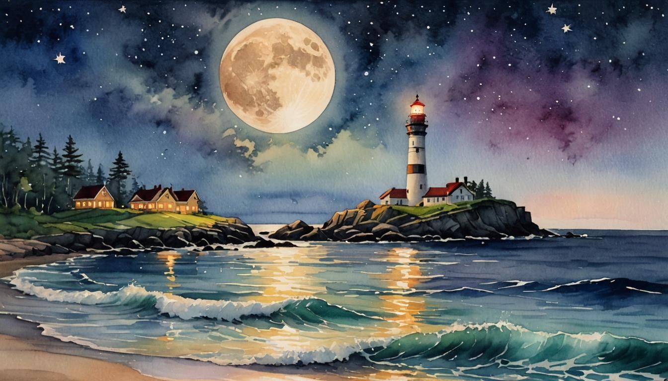 Fantasy Full Moon Night Over Calm Ocean in Watercolor