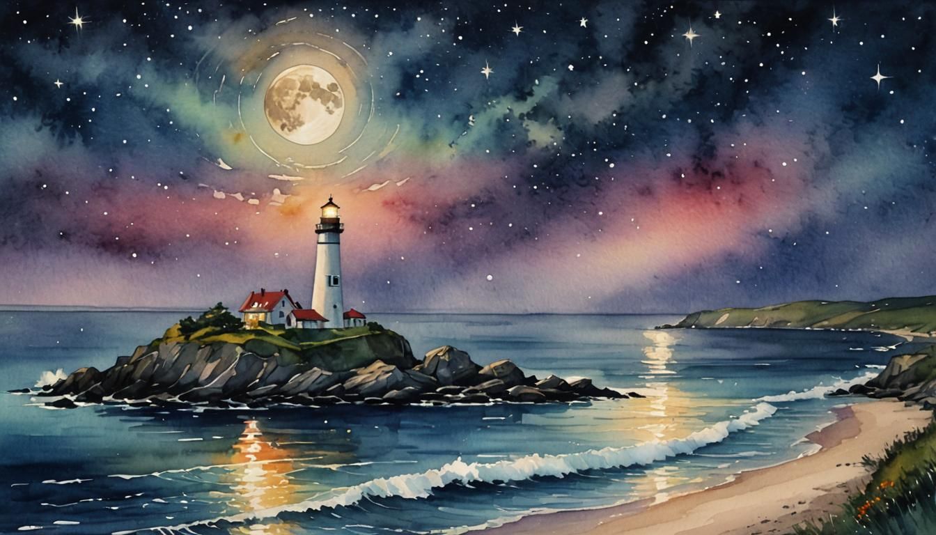 Serene Moonlit Ocean in Watercolor Style