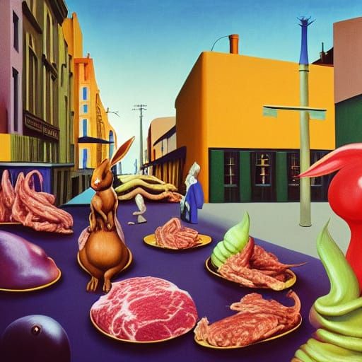Surreal Alien Market With Rabbit Meat, Oil Painting