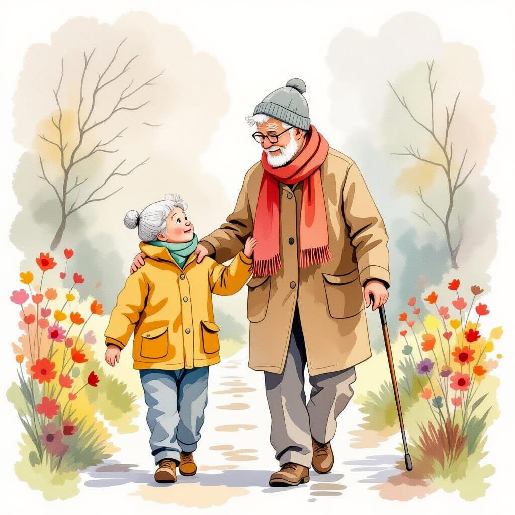 Heartwarming Caregiver Scene in Watercolor Style