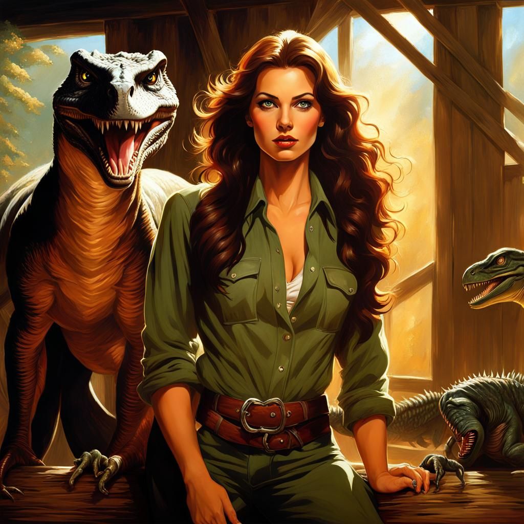 Brunette with Raptors in Barn, Fantasy Art