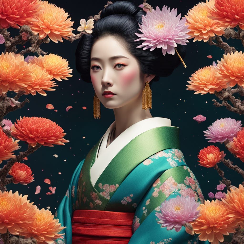 Ethereal Geisha in Traditional Kimono Amidst Golden Motifs