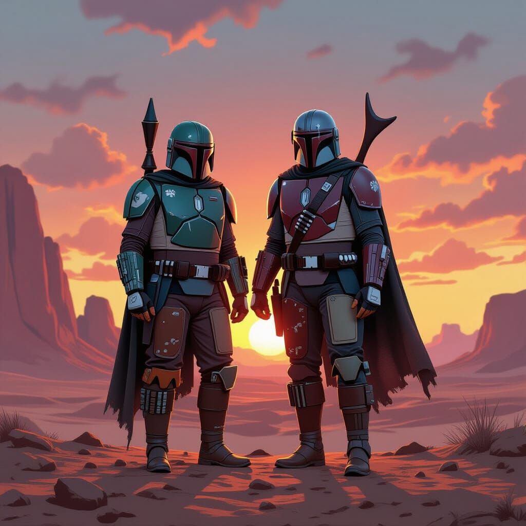 Mandalorian, Boba Fett, and Grogu on Desert Planet