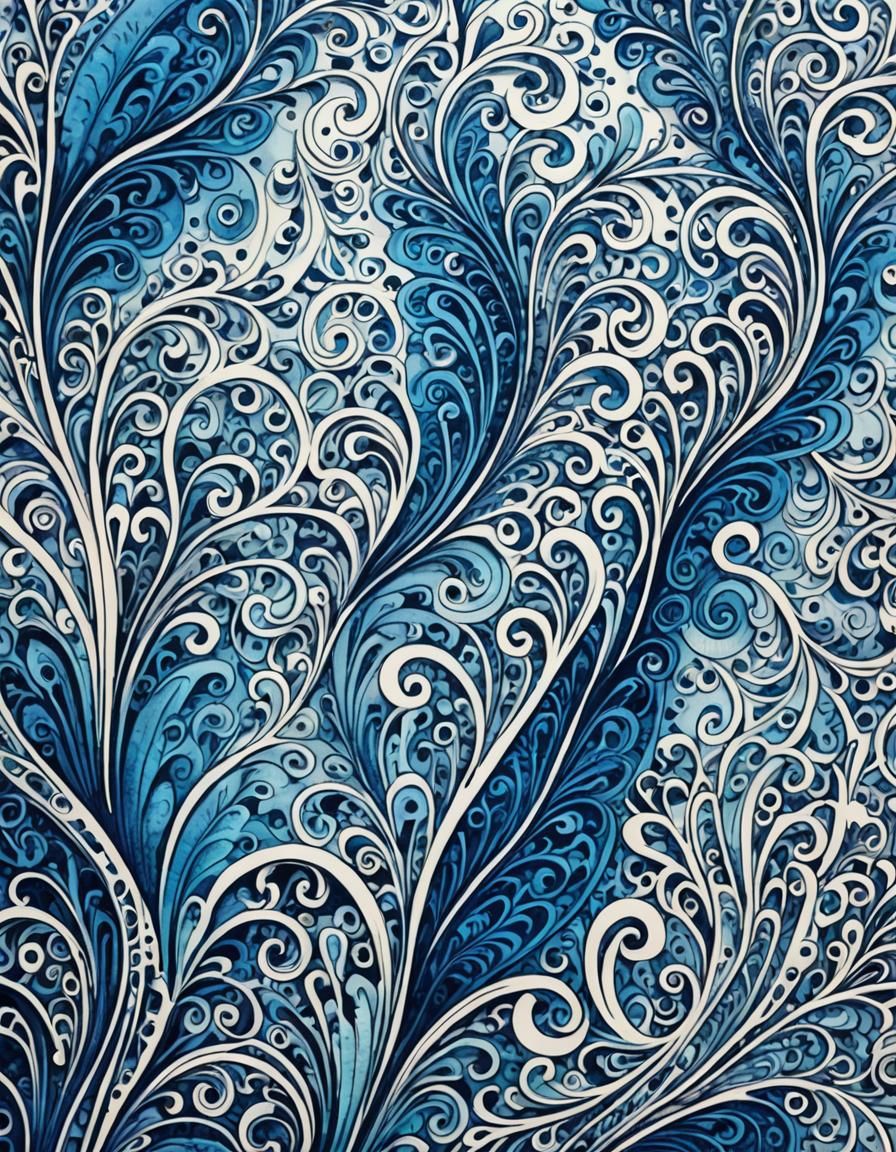 Intricate Blue Fountain Pen Doodles on Paper