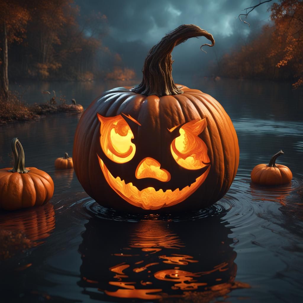Witch-shaped Pumpkin in Glass Ball by River
