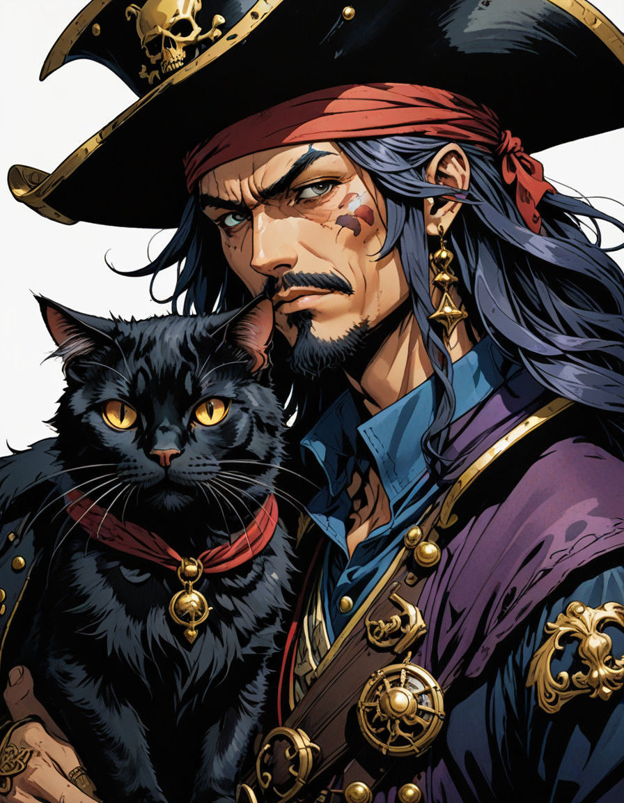 Grim Pirate Captain with Fierce Black Cat in Pirate Outfit