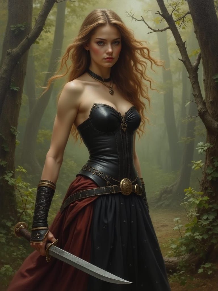 Elegant Forest Huntress in Oil on Canvas