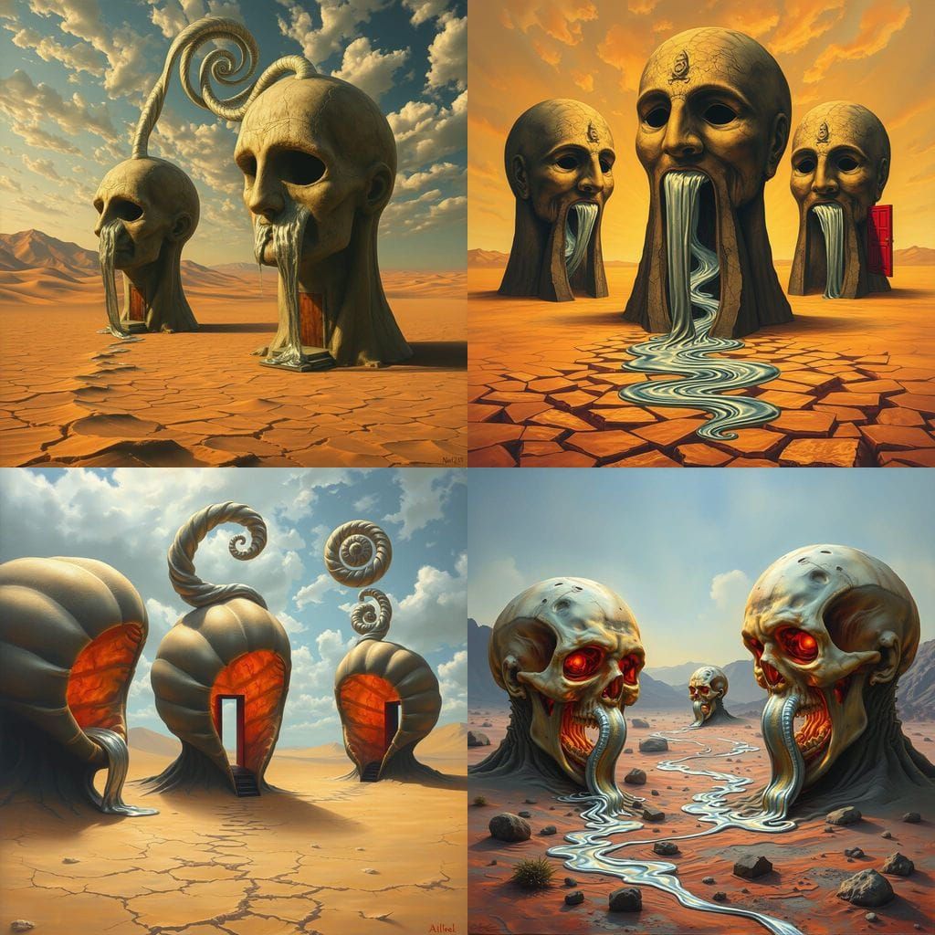 Surreal Desert Monuments with Flowing Silver Ribbons