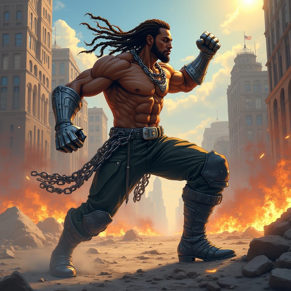 Fierce Battle in a Ruined City: Cel-Shaded Anime Style