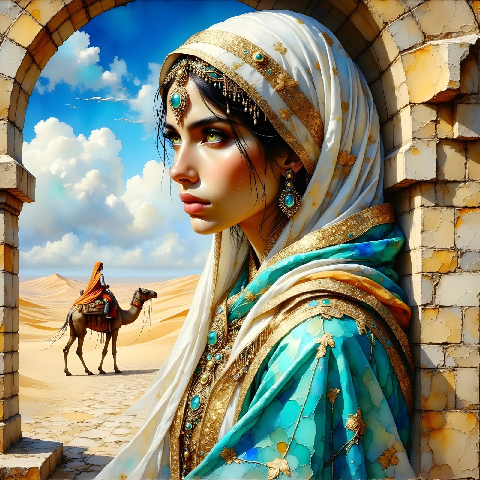 Arabian Princess Portrait in Windswept Desert, Oil Painting