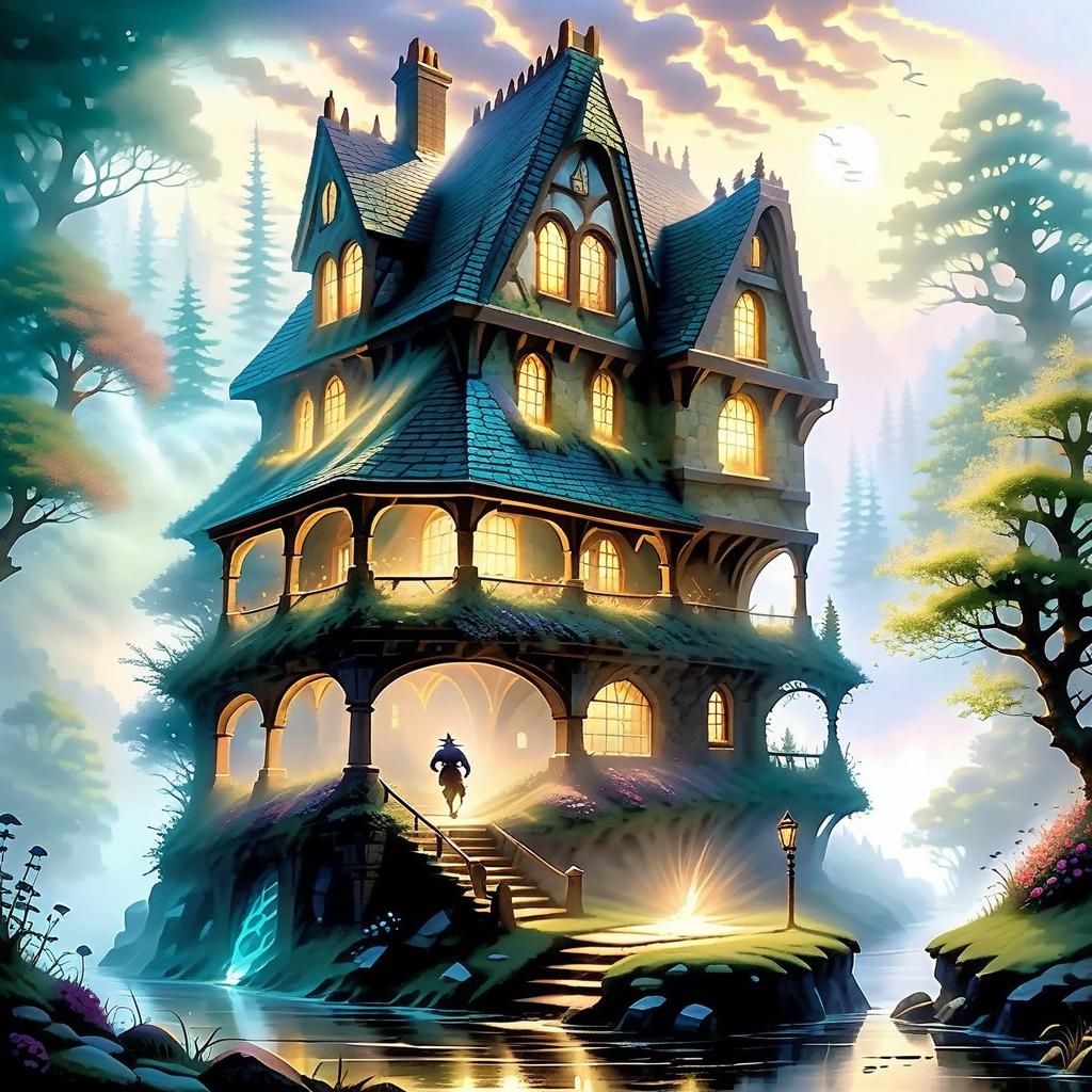 Ethereal Rabbit Digging: Fantasy Scene in Kinkade Style