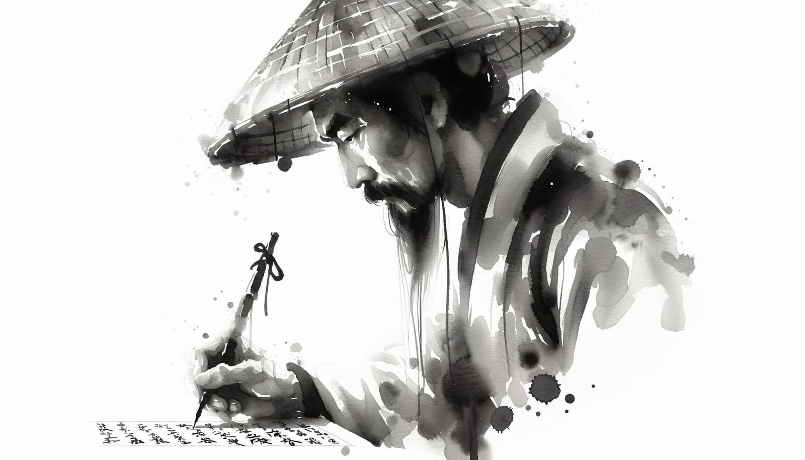 Ancient Chinese Man Sharpening Calligraphy Skills as Waterco...