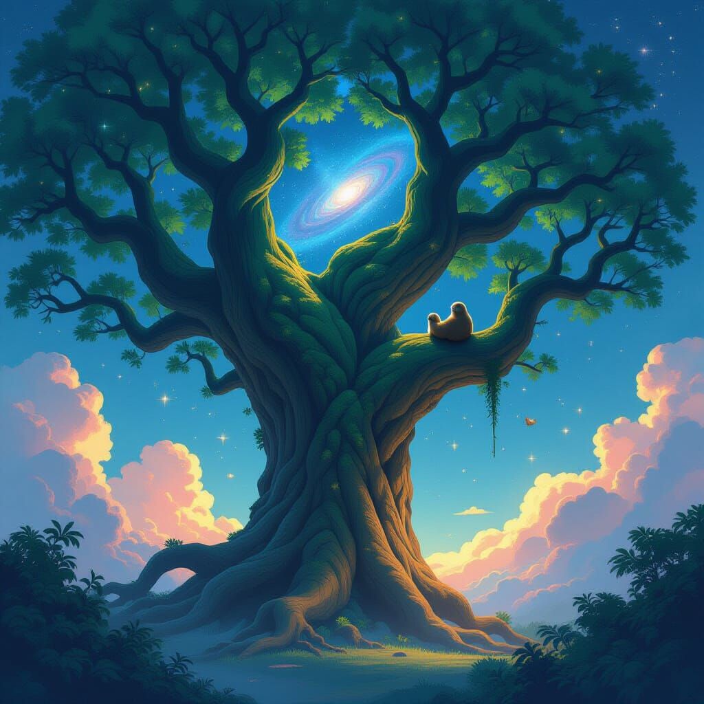 Ancient Tree Spirit with Sloth and Nebula