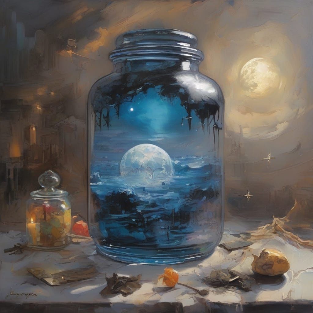 Crystal Jar in Mystical Dreamscapes with Crescent Moon and T...