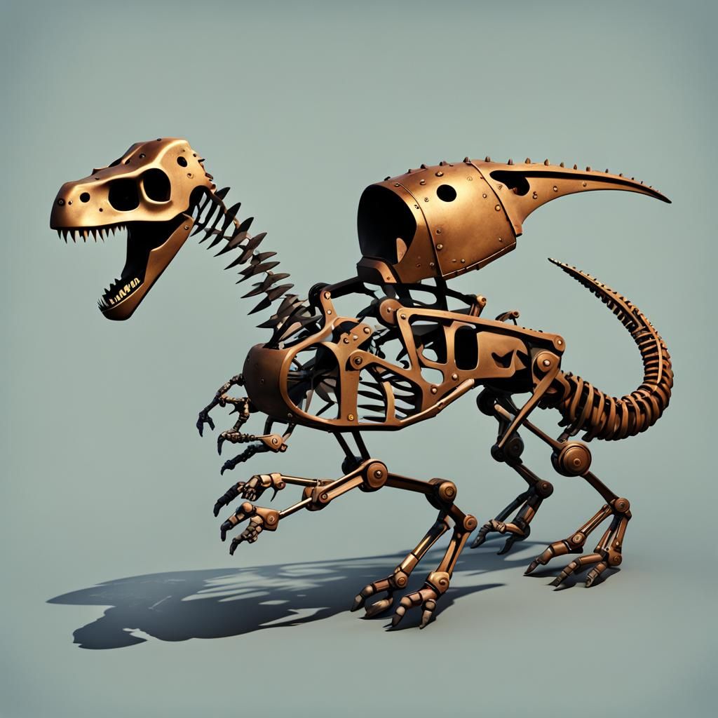 Cartoon Clockwork Dinosaur Animatronic on Blank Background