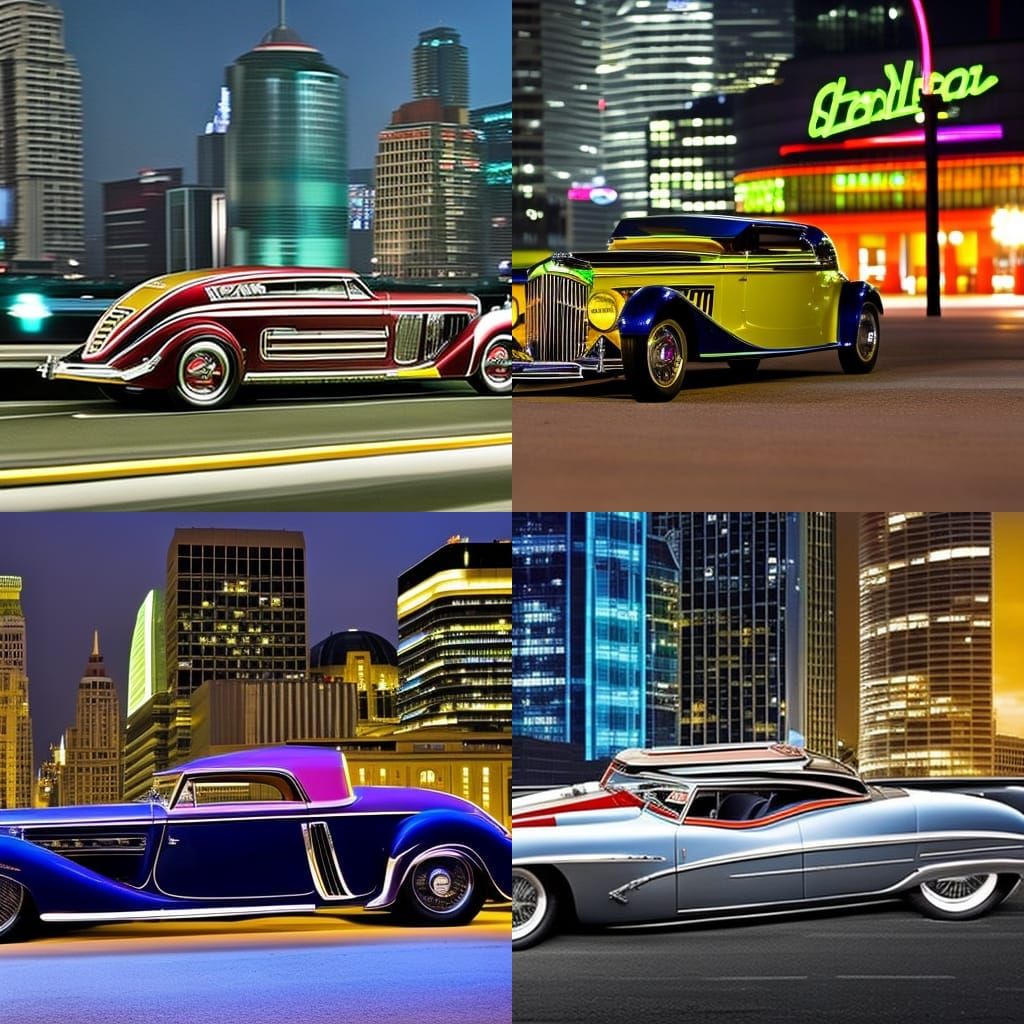 Flying Duesenberg Car Over Neon Cityscape