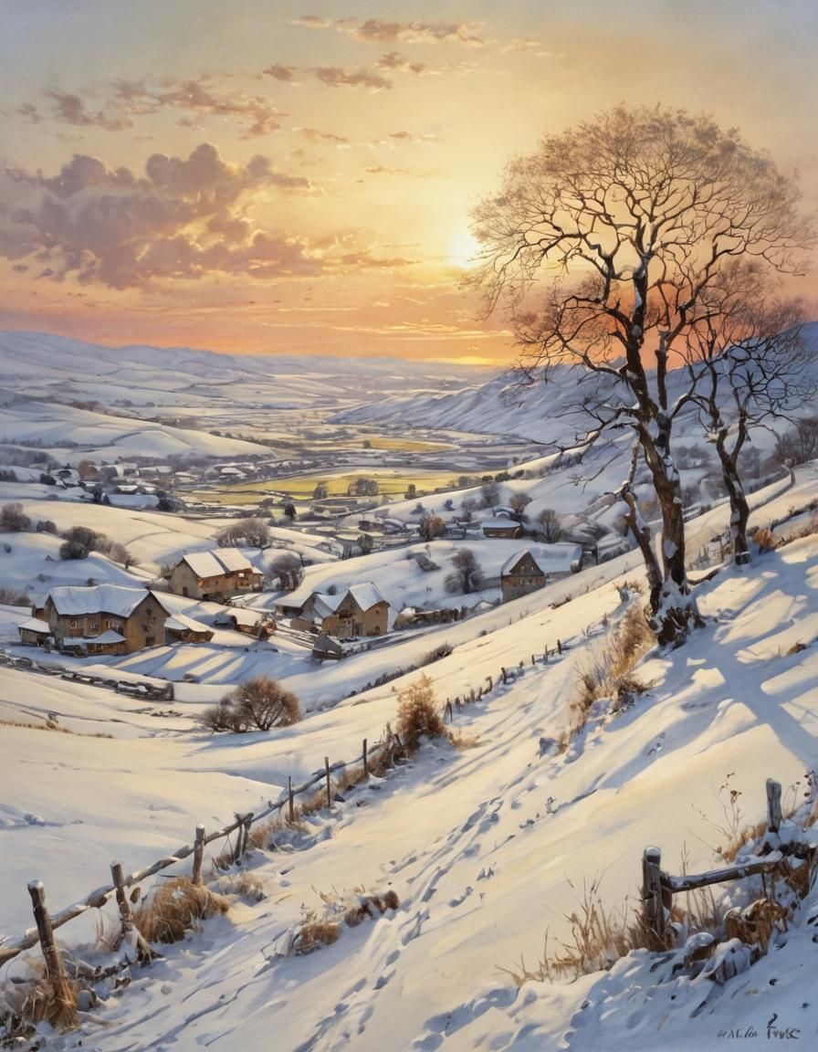 Winter Sunset Landscape in Storybook Illustration Style