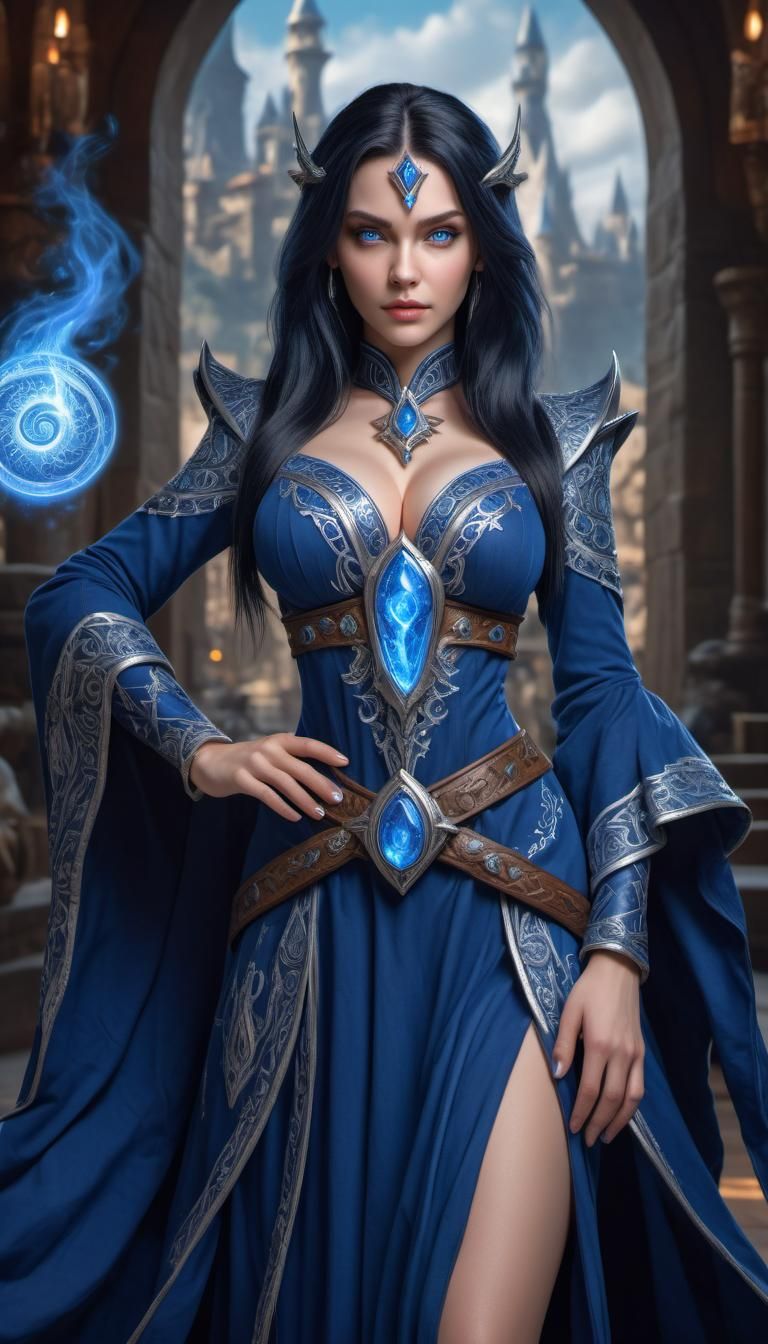 Enchanting Blue-Haired Sorceress in Warcraft Style