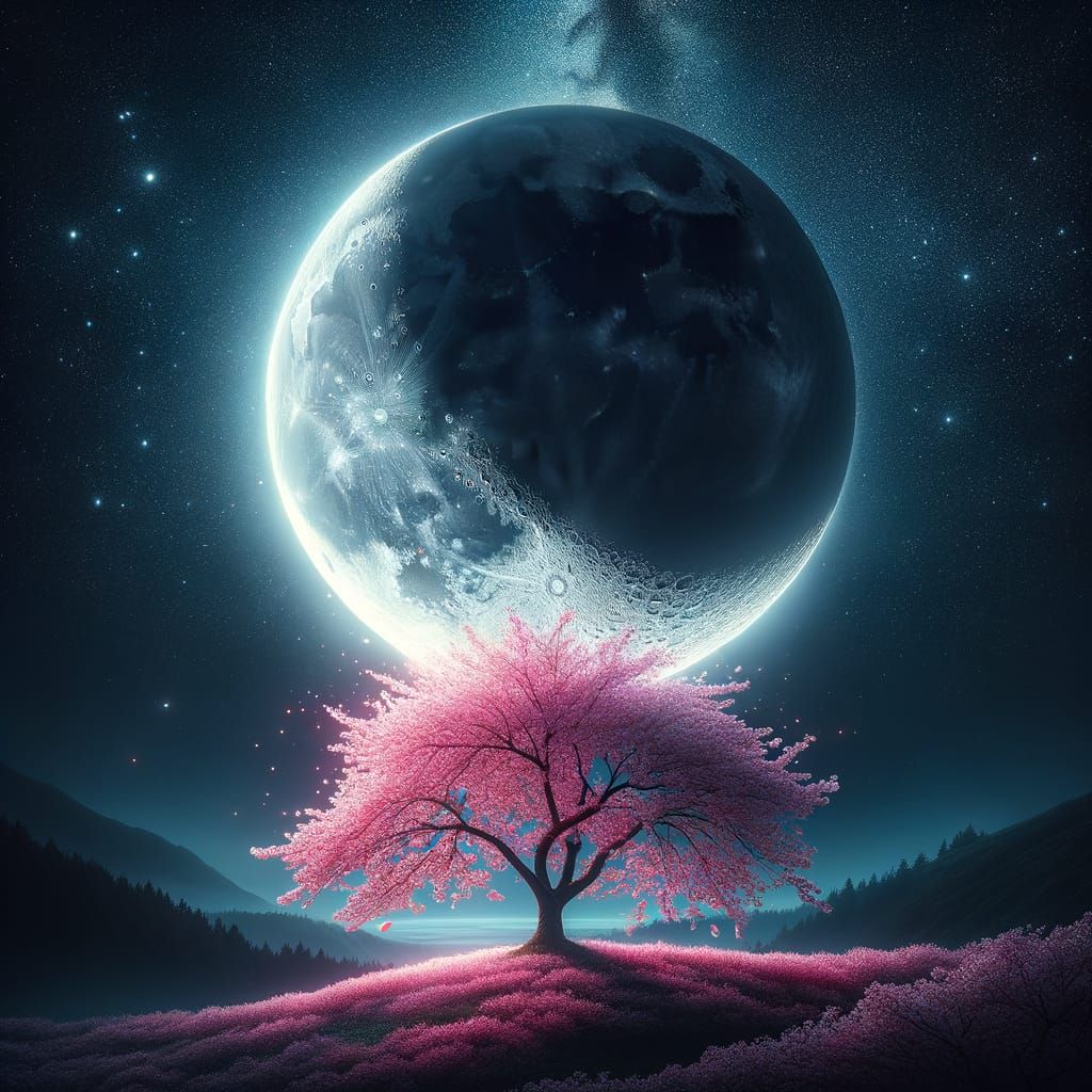Crescent Moon Illuminates Enchanted Sakura Tree in Starry Ni...