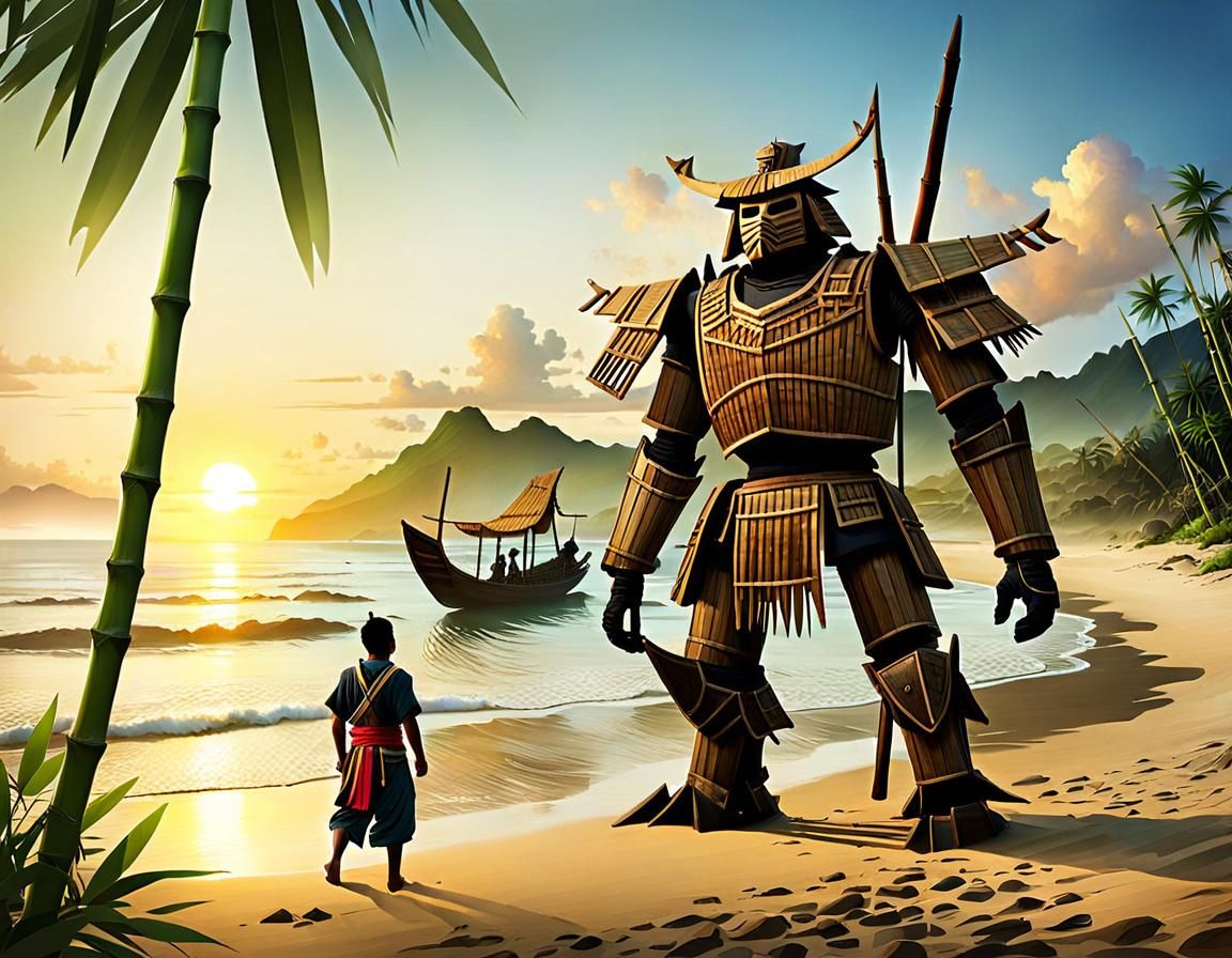 Tropical Beach Sunset with Bamboo Mech Warrior