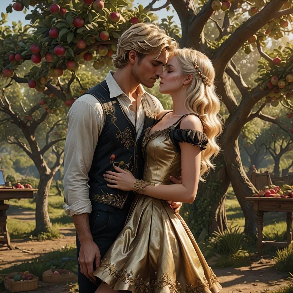 Kissing Couple in Indoor Apple Orchard