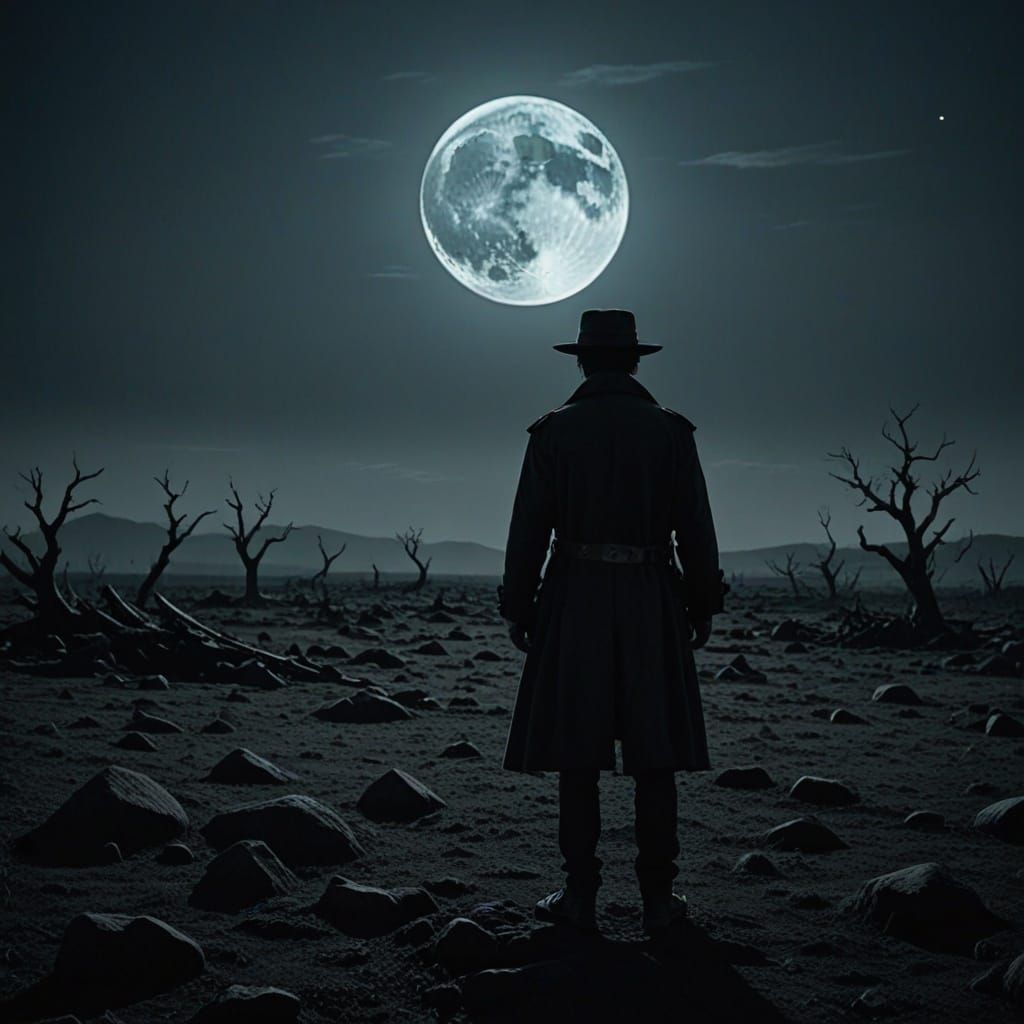 Private Ponders War Under Full Moon on Desolate Battlefield