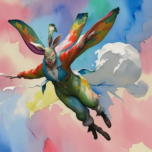 Wingsuit Rabbit in Gouache Watercolor Style