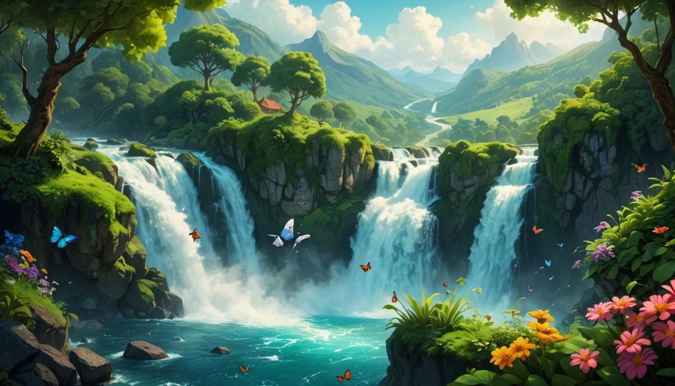 Fairytale Paradise Waterfall with Butterflies in 3D