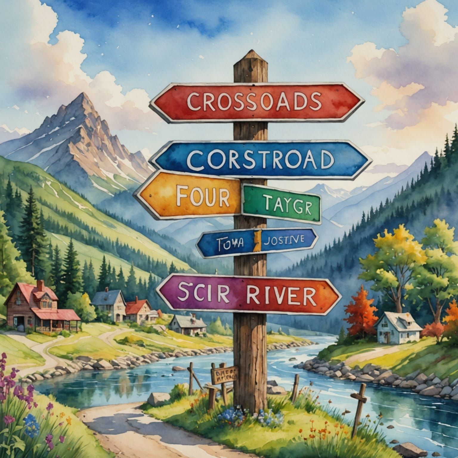 Whimsical Fairytale Crossroads Sign in Watercolor Style