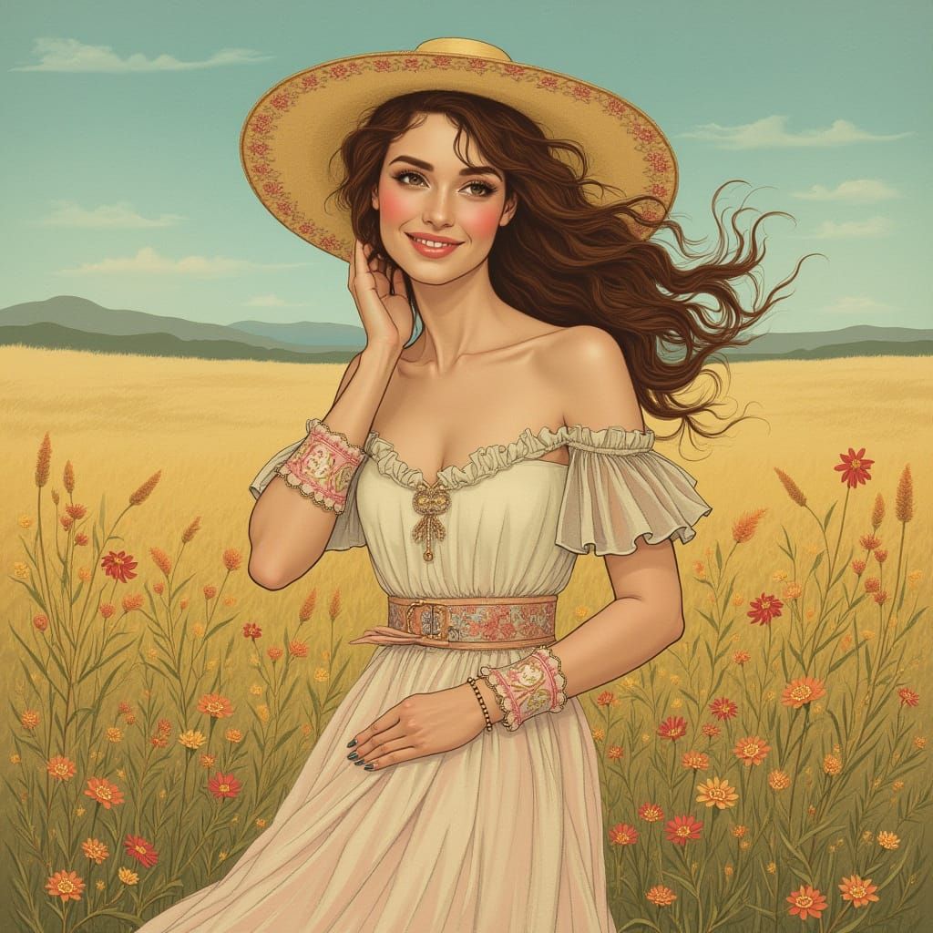 Smiling Woman in Floral Scarf, Art Nouveau Style