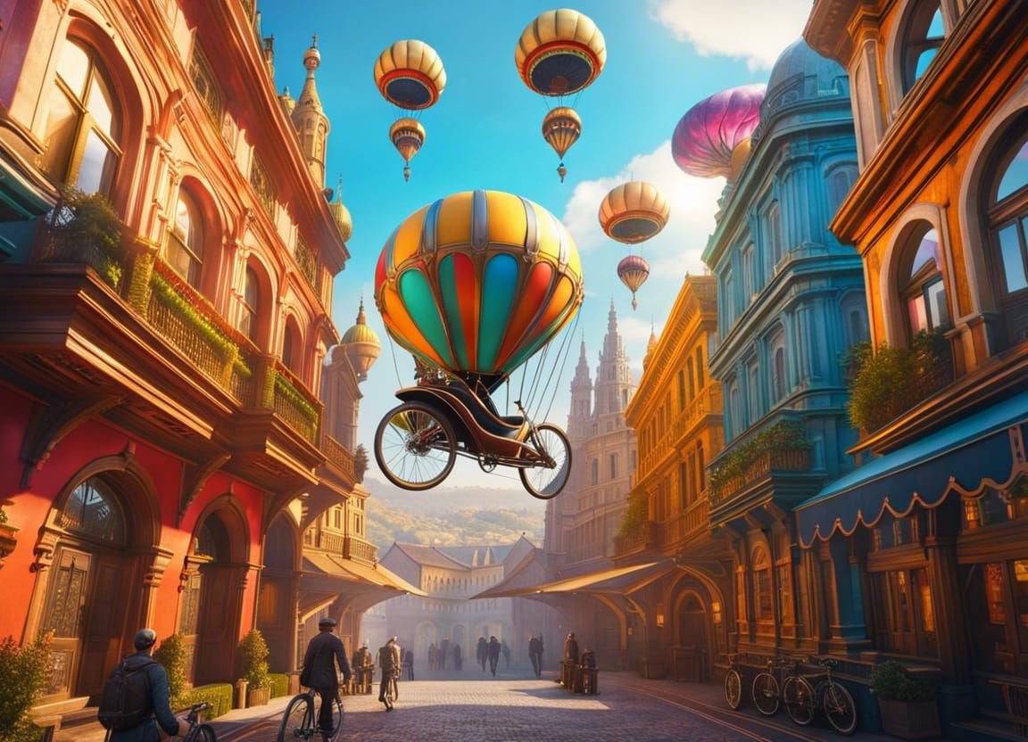 Steampunk Flying Bicycles Over Budapest: Ornate Fantasy Art