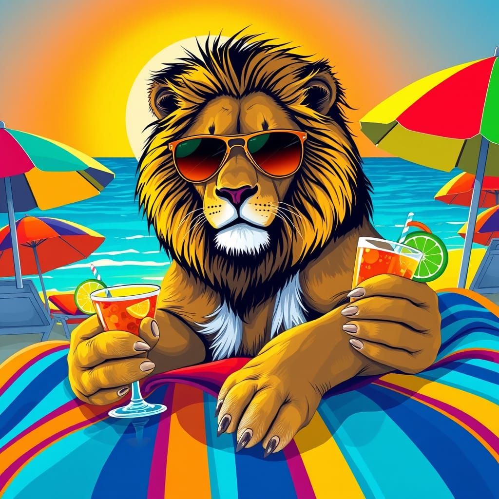 Lion in Sunglasses: Pop Art Beach Scene
