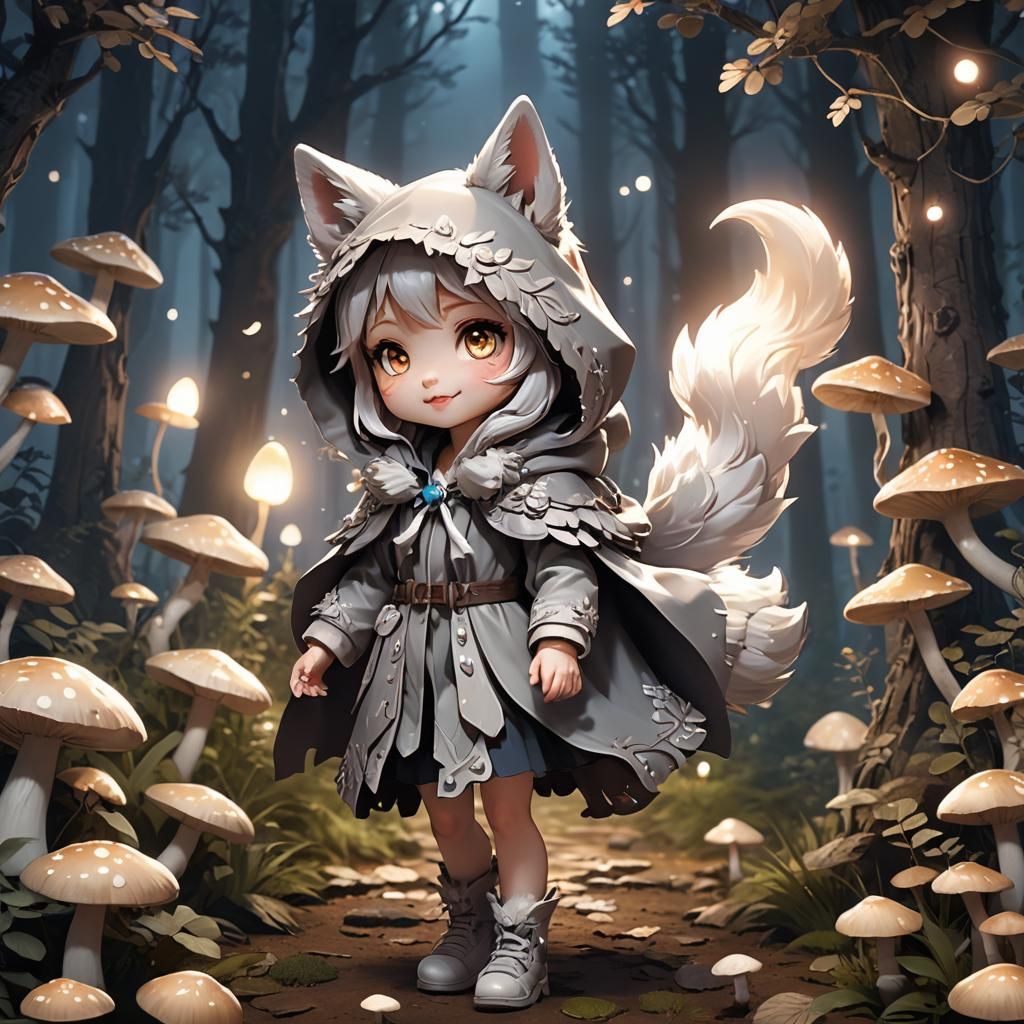 Chibi Wolf Girl in Moonlit Forest: 3D Anime Art