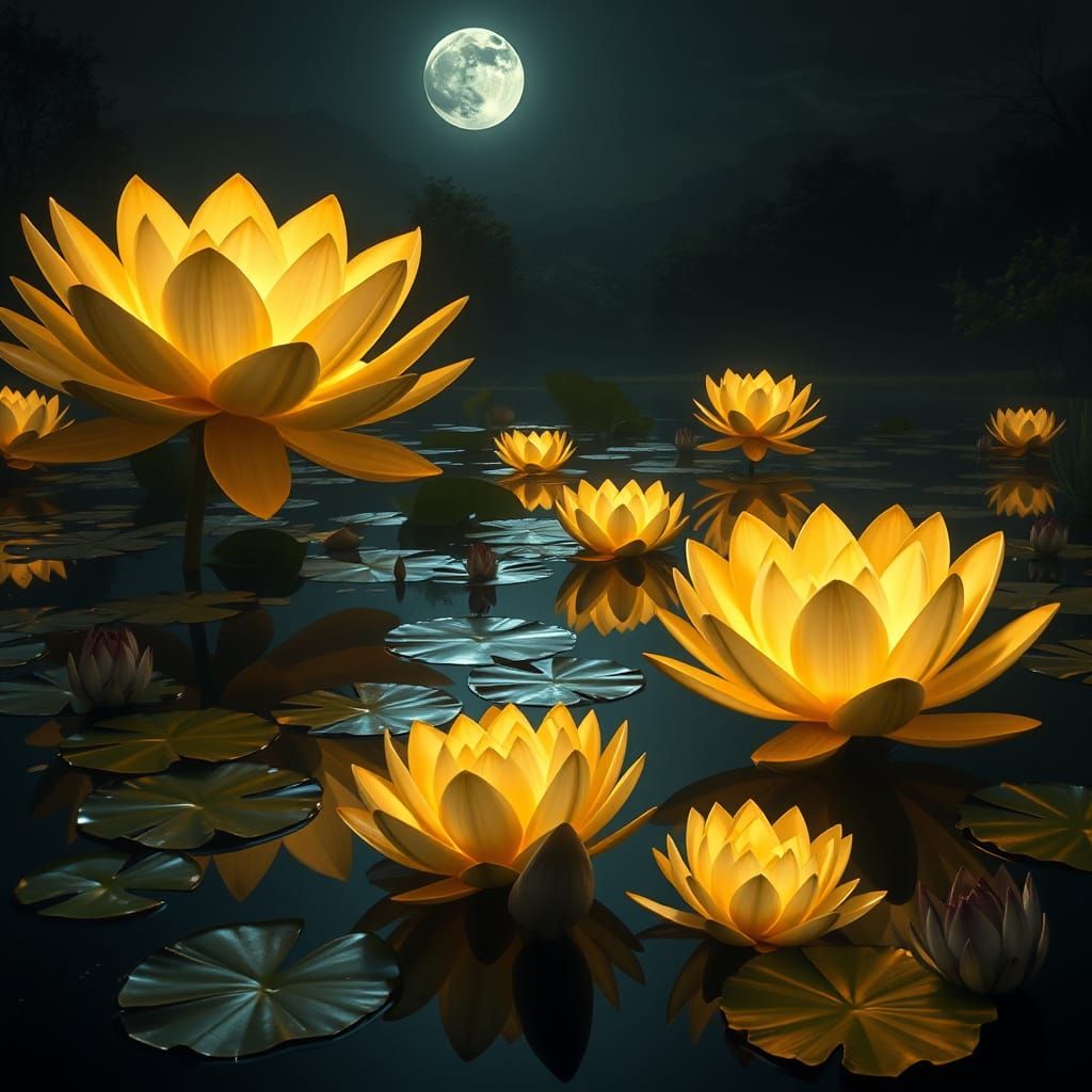 Moonlit Pond with Golden Lotus Flowers
