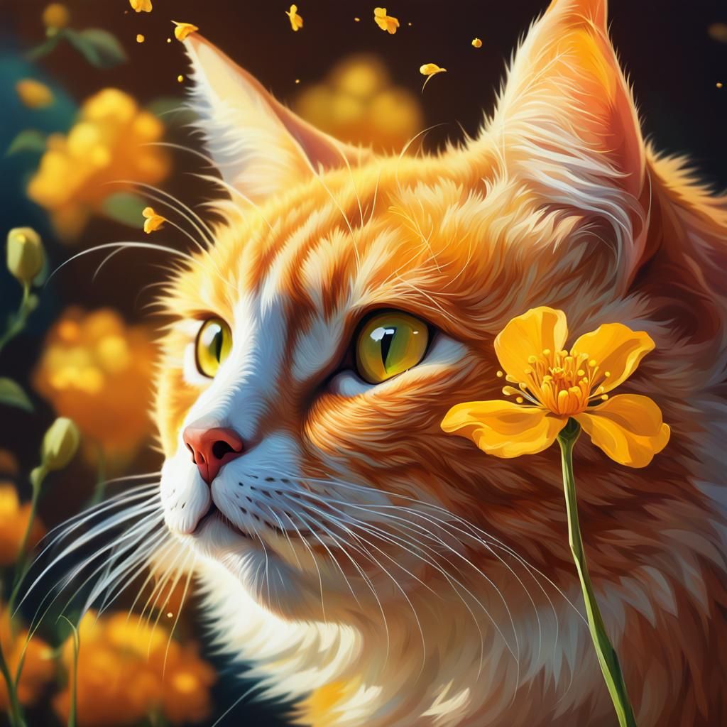 Orange Cat Sniffs Blossom: Hyperrealistic Splash Art