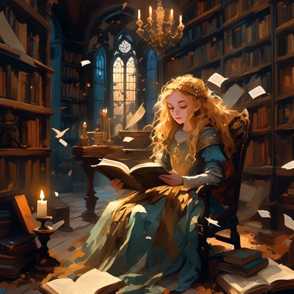 Medieval Girl Reading Magical Book, Oil Painting