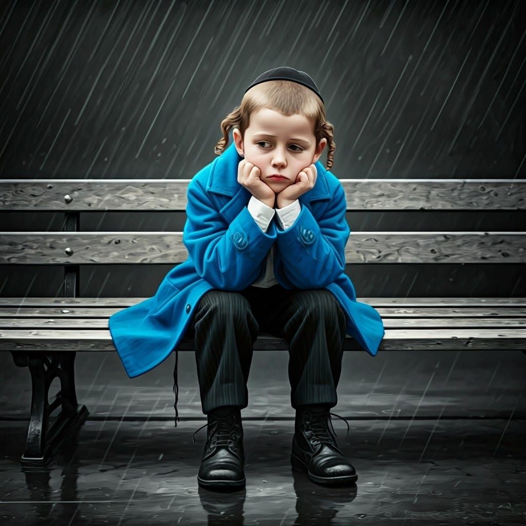Young Hasidic Boy Lost in Thought on a Monochromatic Bench