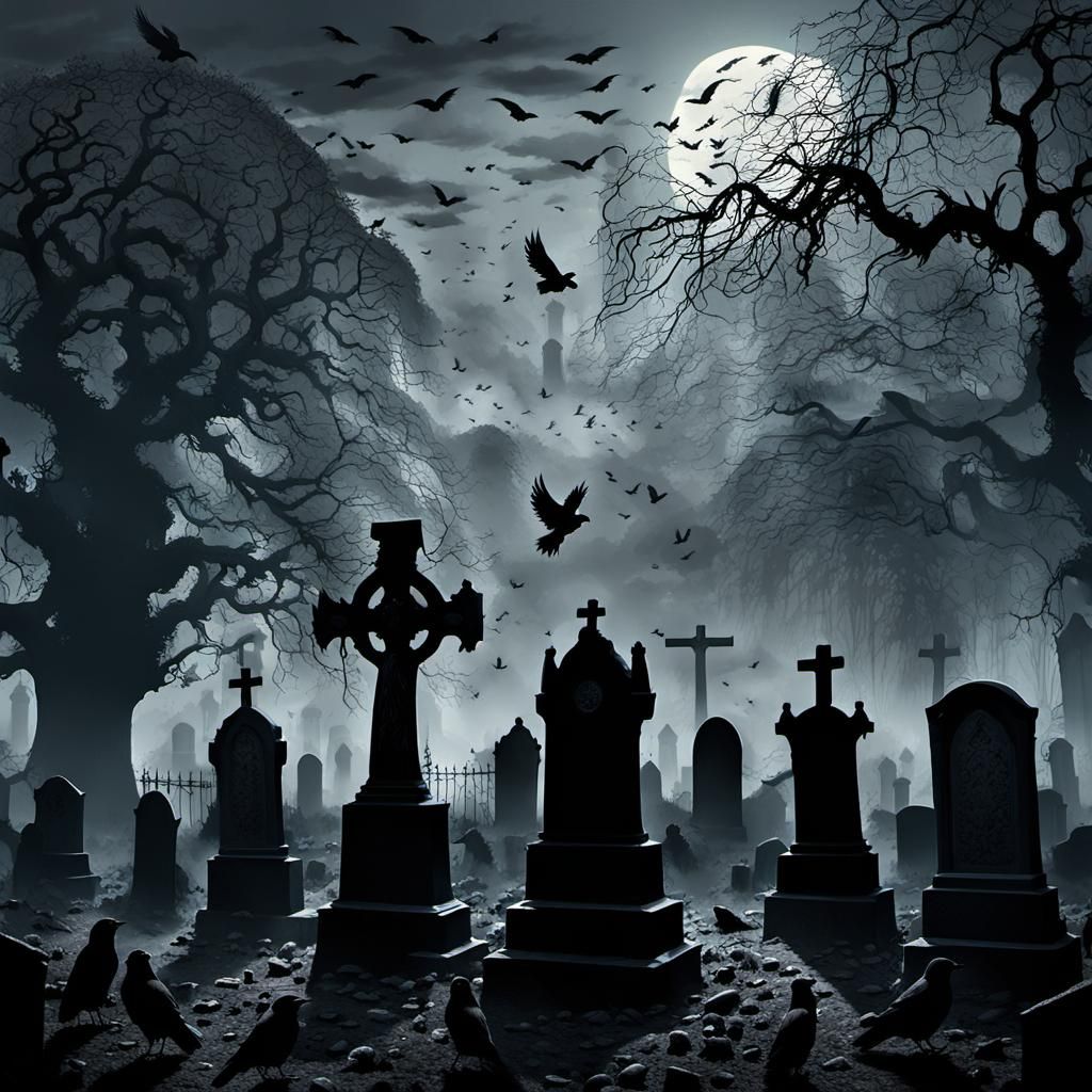 Eerie Graveyard Scene with Crows in Digital Art Style