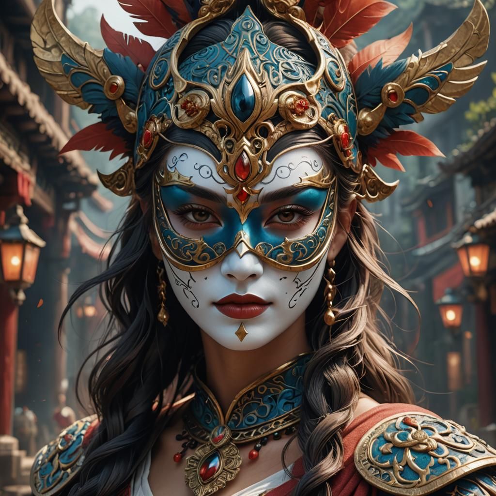 Girl in Traditional Mask: Detailed Matte Painting