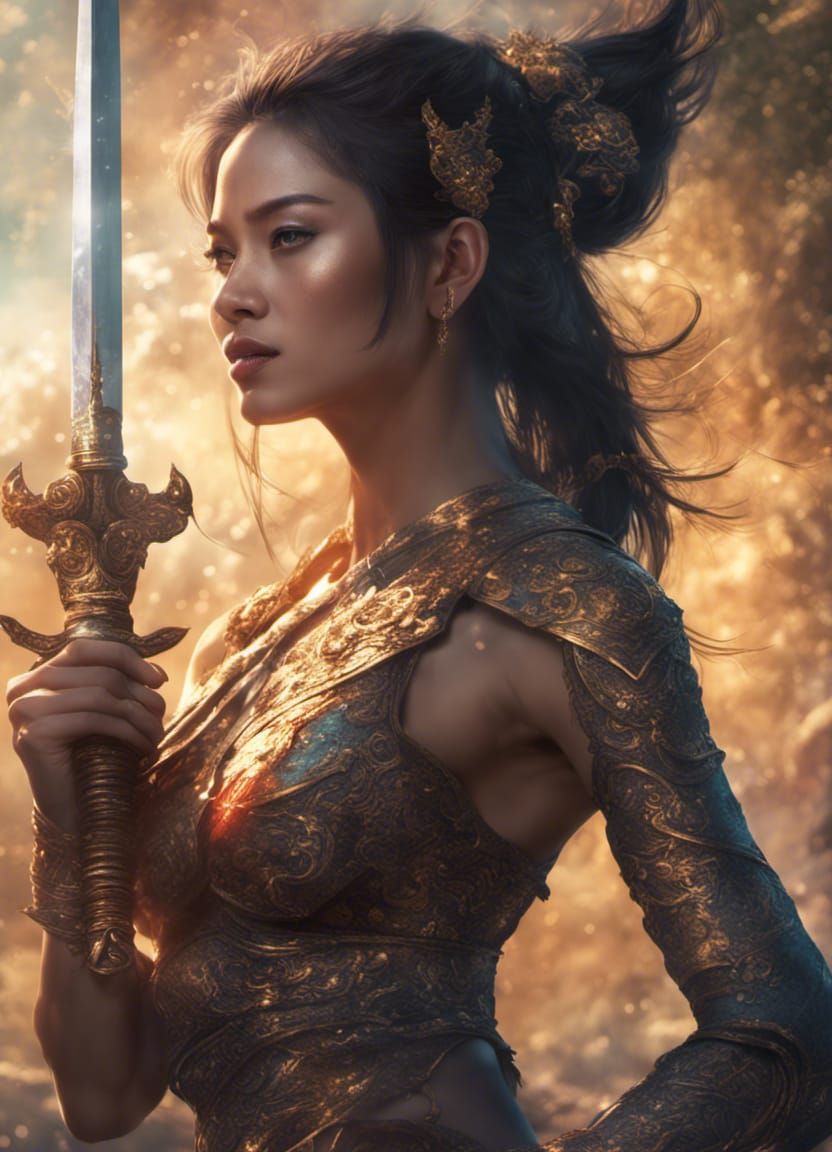 Beautiful Thai Lady Warrior with Sword in Sunlight