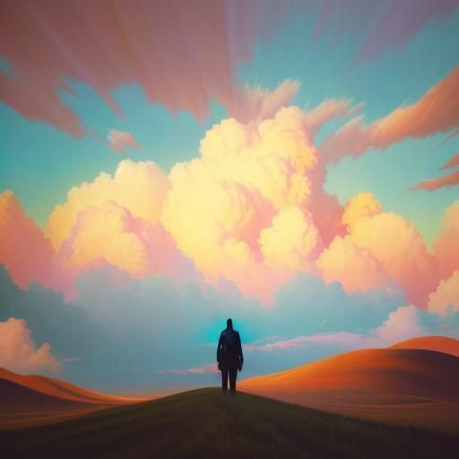 Surrealism. Medium Shot. A person stands in a dreamlike landscape with rolling hills and fluffy clouds. Tight Closeup. S...