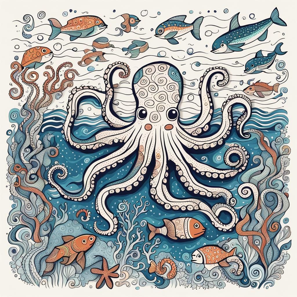 Octopus and Sea Creatures in Naive Folk Art Style
