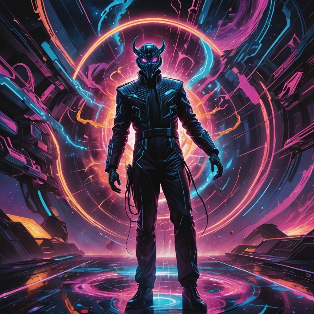 Man Battles Devil in Neon Noir Synthwave Galaxy