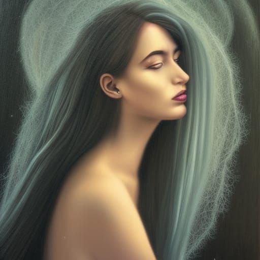 Twilight Woman with Cobweb Hair: Oil Painting